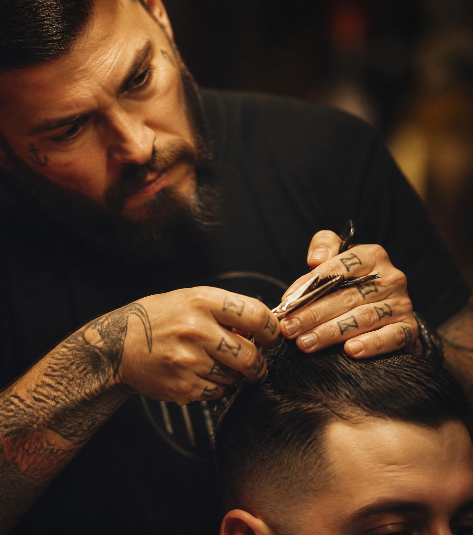 A Jack's barber cutting hair with precision scissors