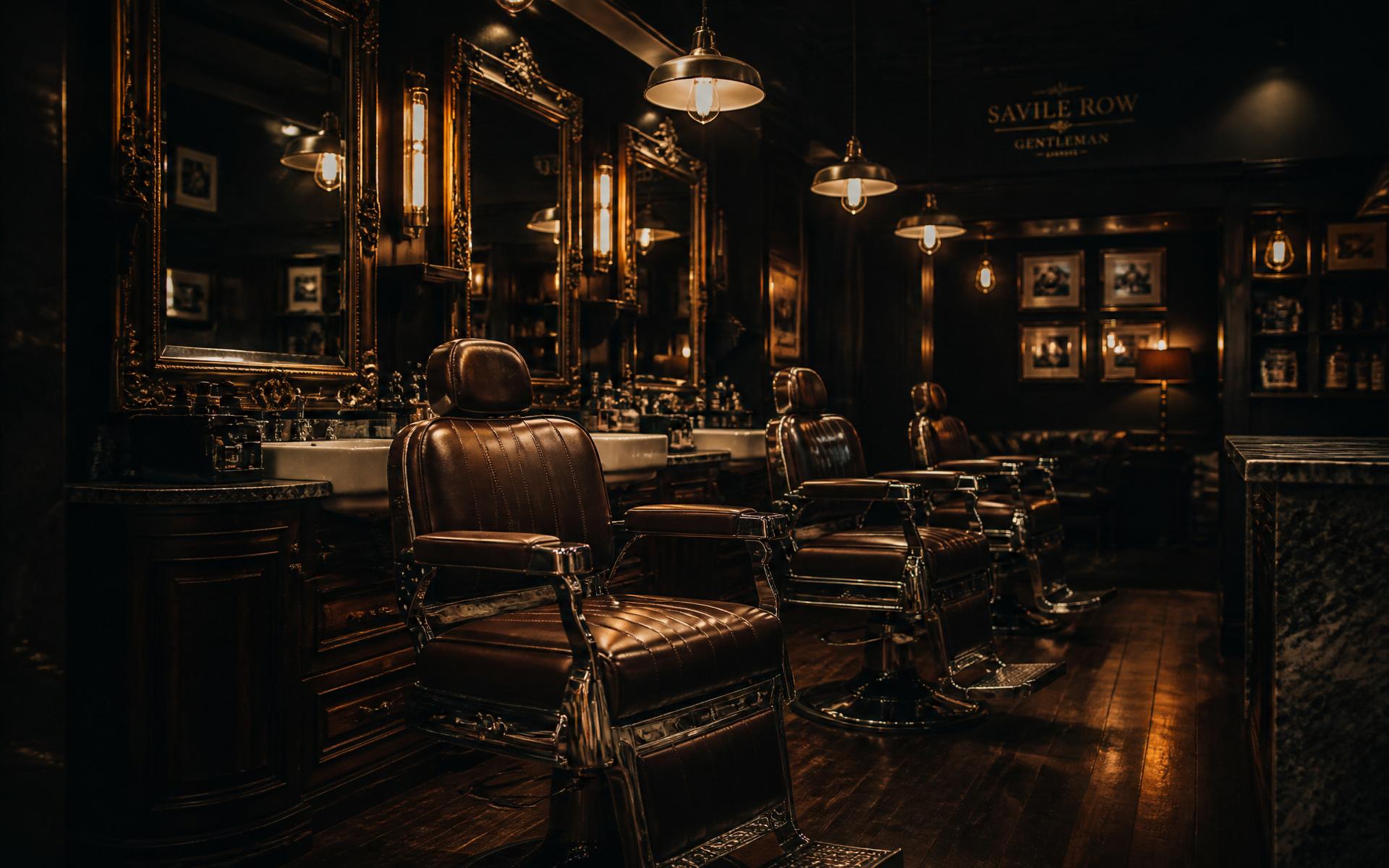 Interior of a premium Belfast barbershop with vintage leather chairs and warm lighting