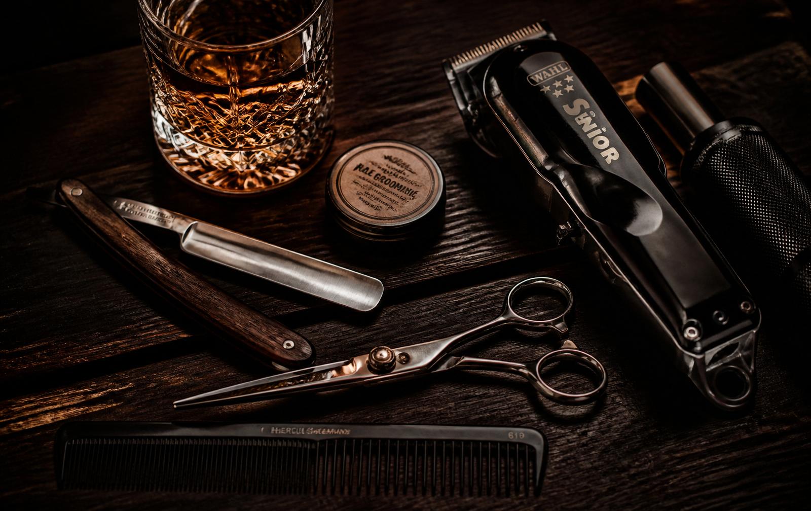 Premium barber tools — scissors, straight razor, comb, clippers